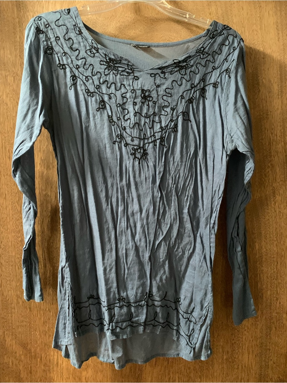 Women's Bohemian Dusty Blue Long-Sleeve Embroidered Tunic Top